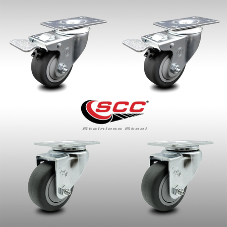 SERVICE CASTER 3 Inch SS Thermoplastic Rubber Wheel Top Plate Caster Total Lock Brakes, 2PK SCC-SSTTL20S314-TPRB-2-S-2